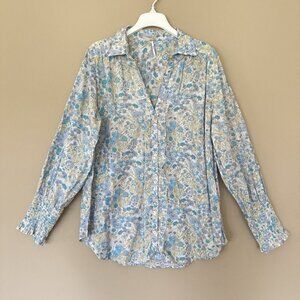 Free People Women L Button Shirt $138 Long Smocked Sleeves Wild Gardenia Spring